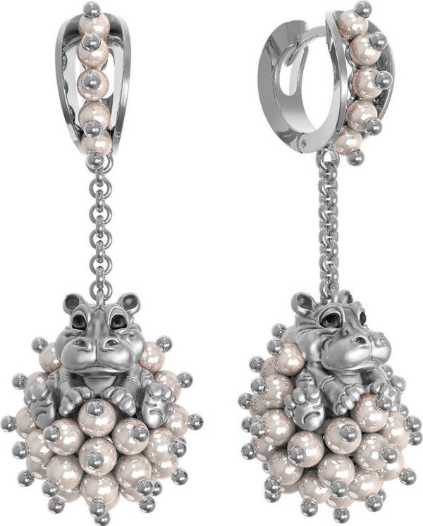 Серьги из белого золота c эмалью и жемчугом