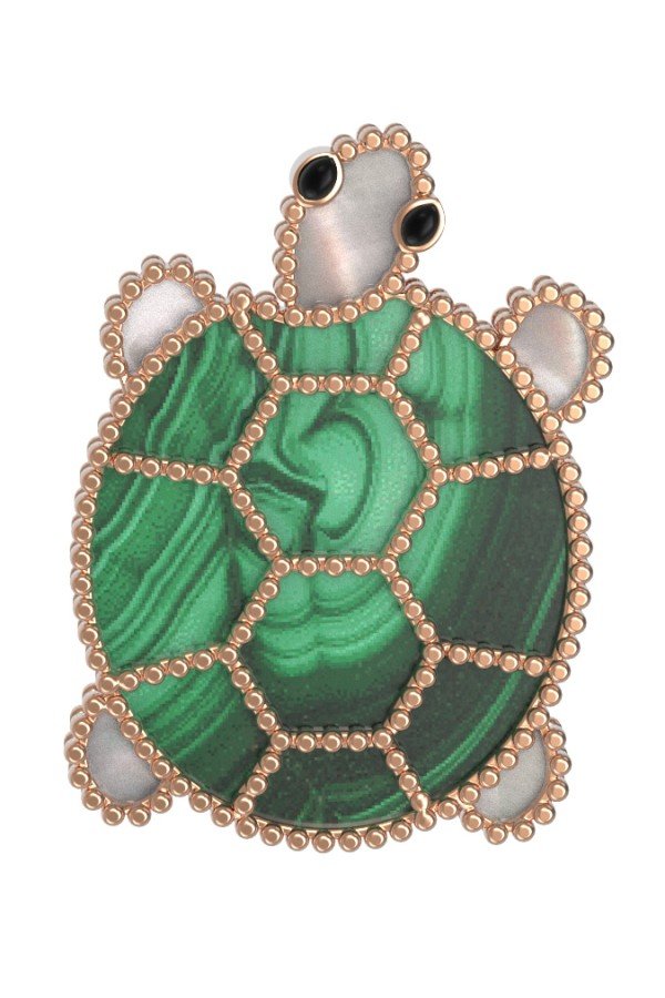 Брошь из золота c эмалью, малахитом и перламутром