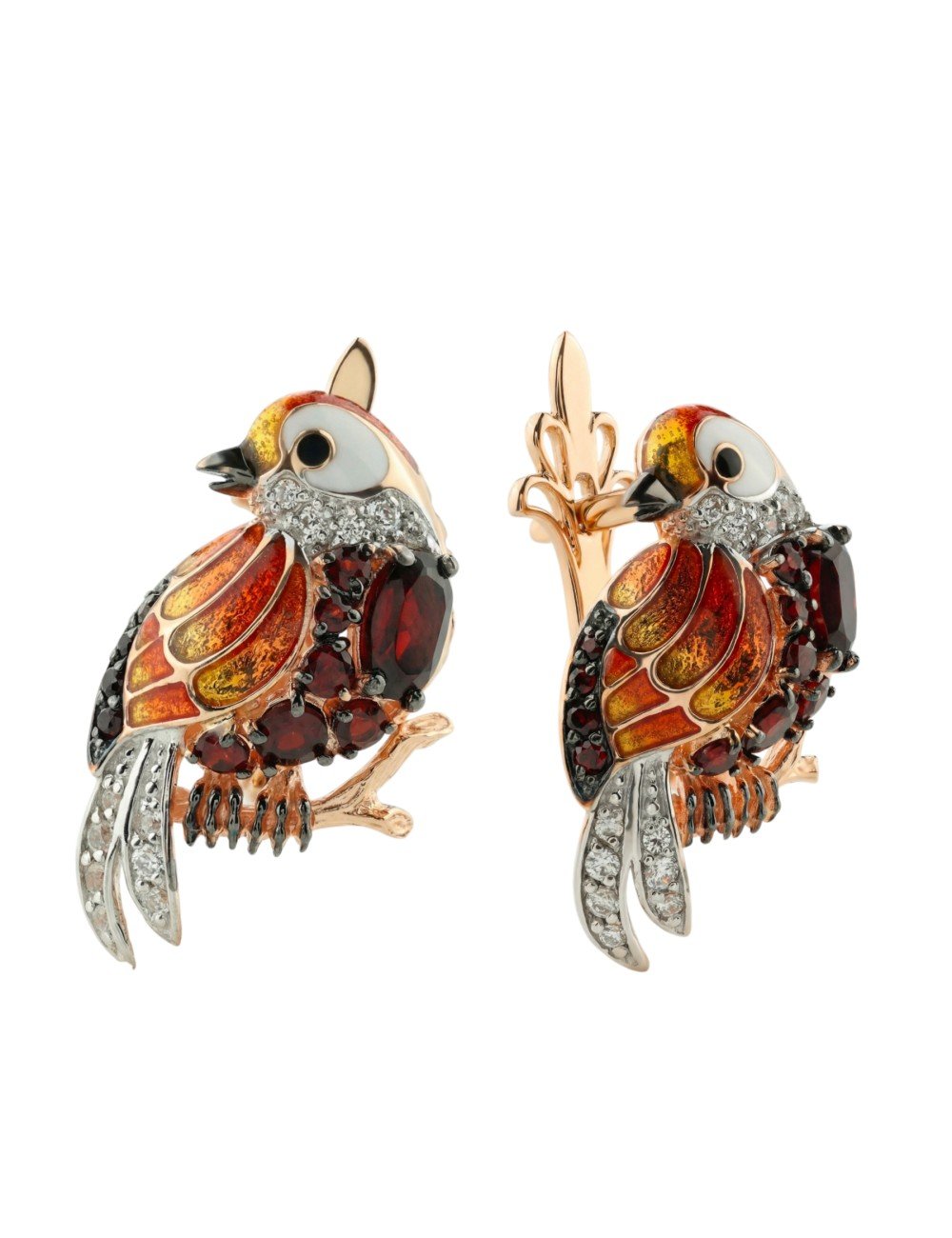 Серьги из золота c эмалью, фианитом и гранатом