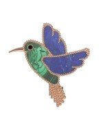 Брошь из золота c эмалью, лазуритом и малахитом