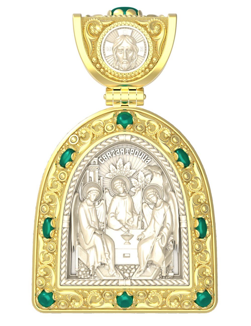 Образок из лимонного золота c эмалью, хризопразом и бивнем мамонта