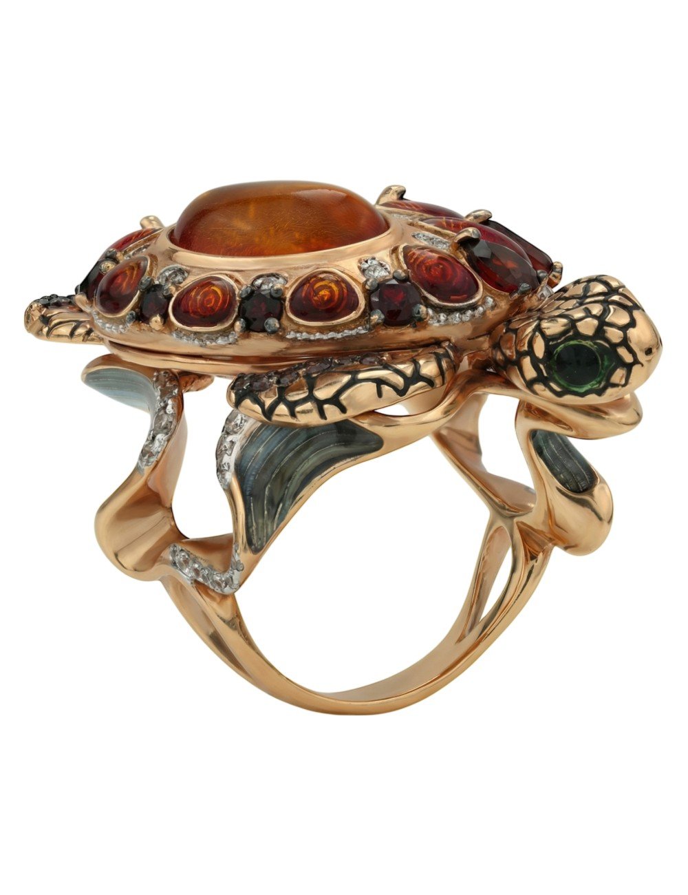 Кольцо из золота c эмалью, фианитом, гранатом и янтарём