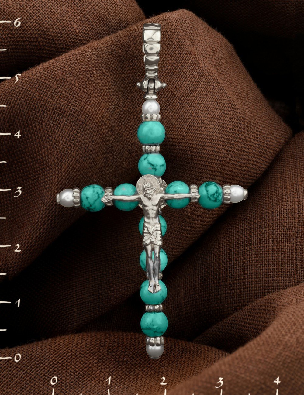 Крест из белого золота c жемчугом и бирюзой
