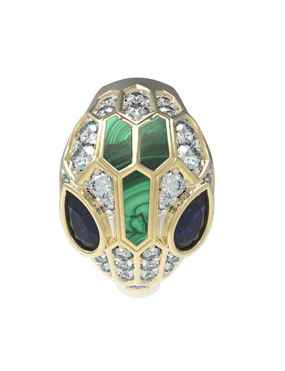 Кольцо из лимонного золота c бриллиантами, сапфиром и малахитом