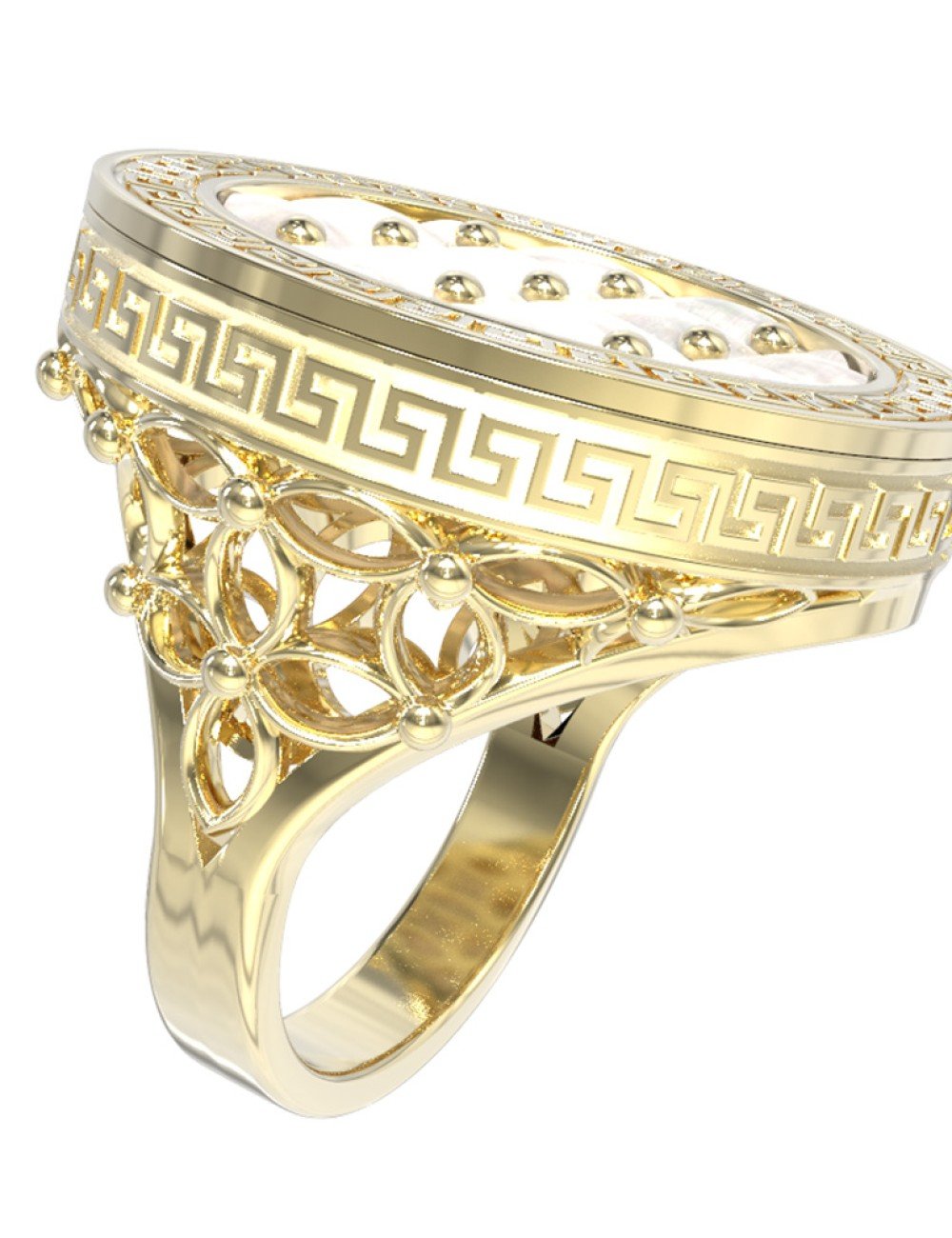 Кольцо из лимонного золота c эмалью и перламутром