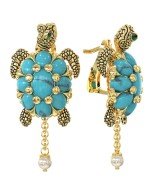 Серьги из лимонного золота c эмалью, жемчугом и бирюзой