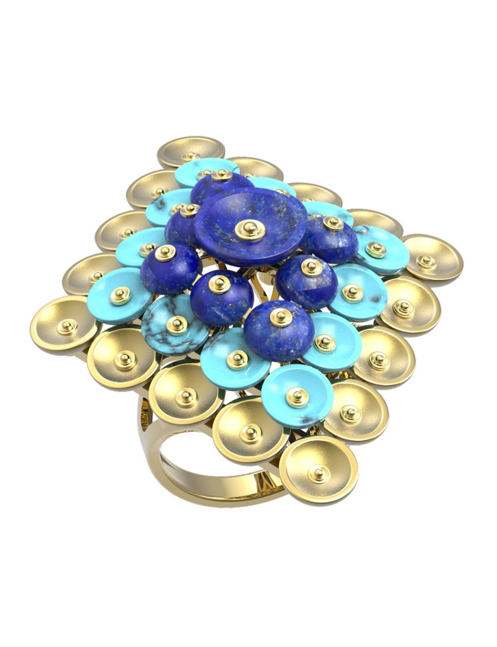 Кольцо из лимонного золота c бирюзой и лазуритом