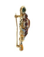 Брошь из лимонного золота c эмалью, фианитом, гранатом и янтарём