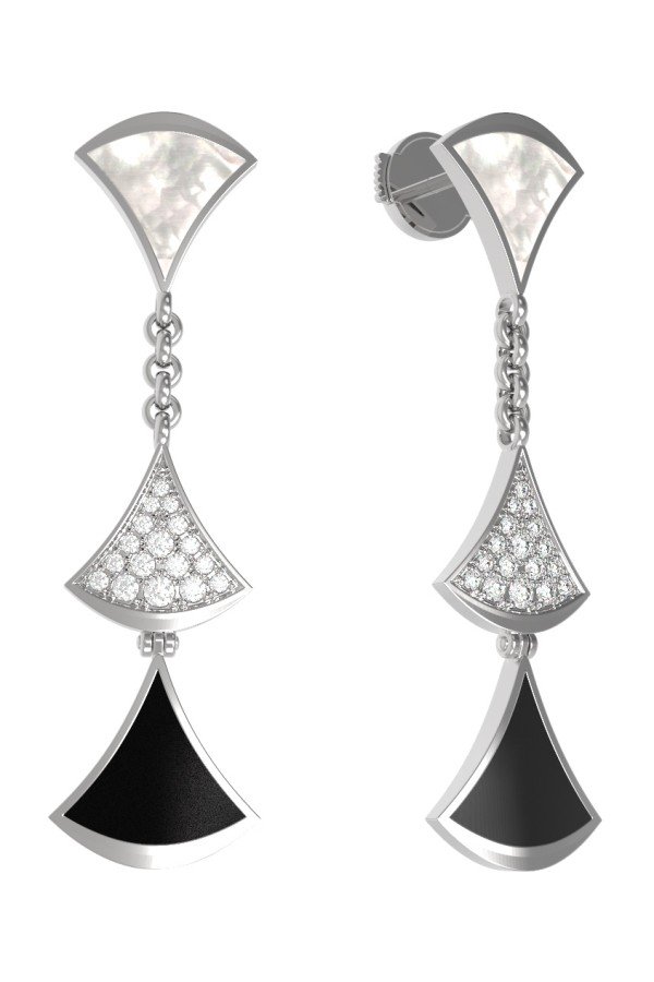 Серьги из белого золота c бриллиантами, ониксом и перламутром