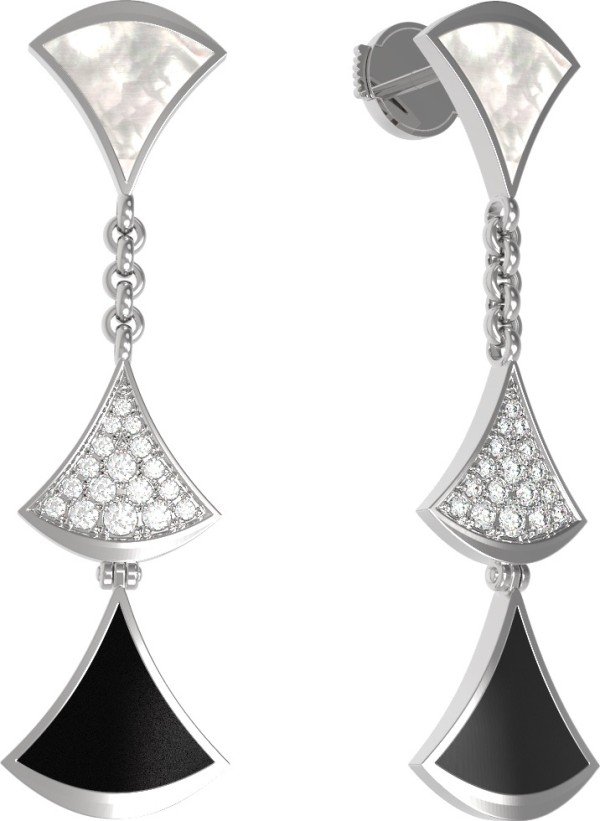 Серьги из белого золота c бриллиантами, ониксом и перламутром