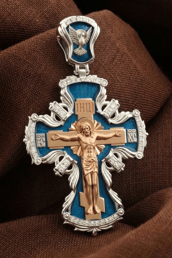 Крест из белого золота c эмалью и бриллиантами