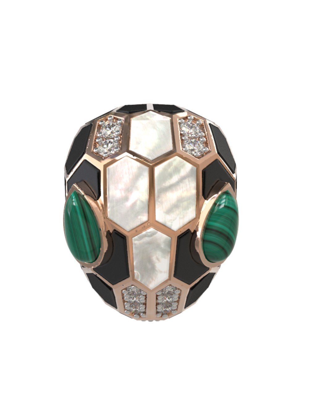 Кольцо из золота c бриллиантами, рубином, ониксом, малахитом и перламутром