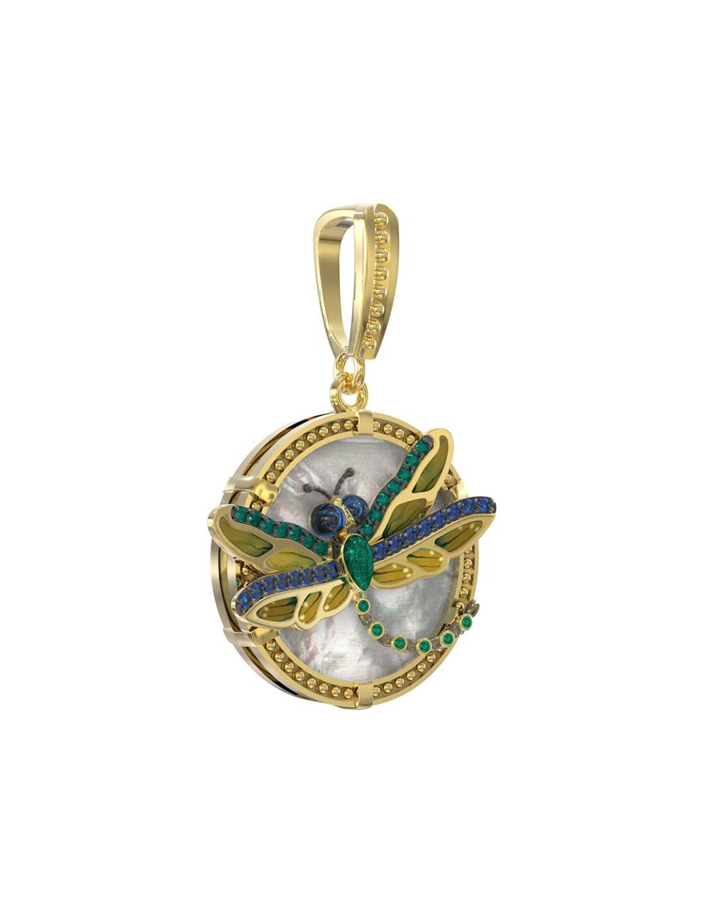 Подвеска из лимонного золота c сапфиром, изумрудом, эмалью и перламутром