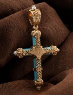 Крест из золота c жемчугом и бирюзой