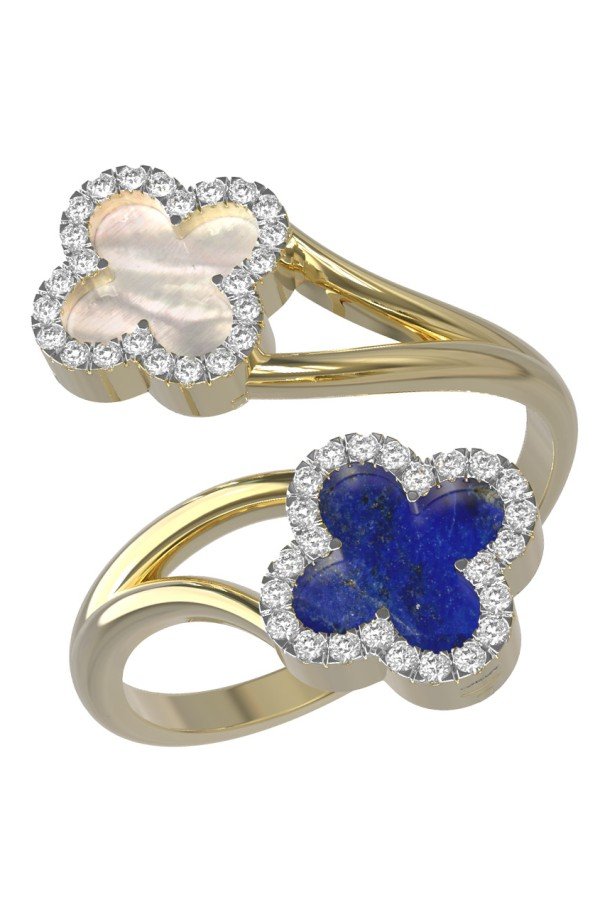 Кольцо из лимонного золота c бриллиантами, лазуритом и перламутром