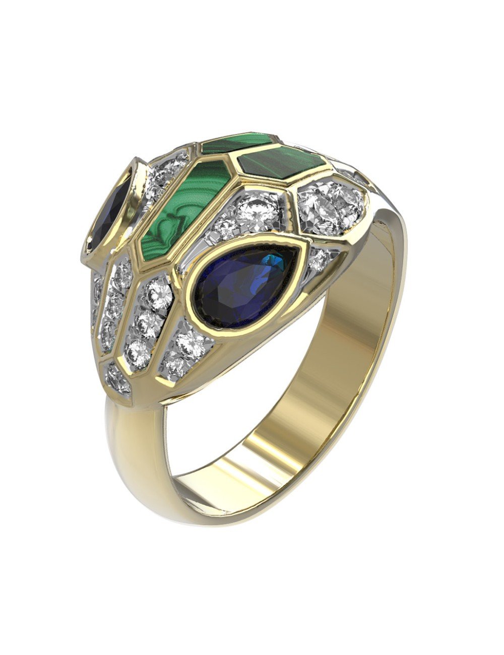 Кольцо из лимонного золота c бриллиантами, сапфиром и малахитом