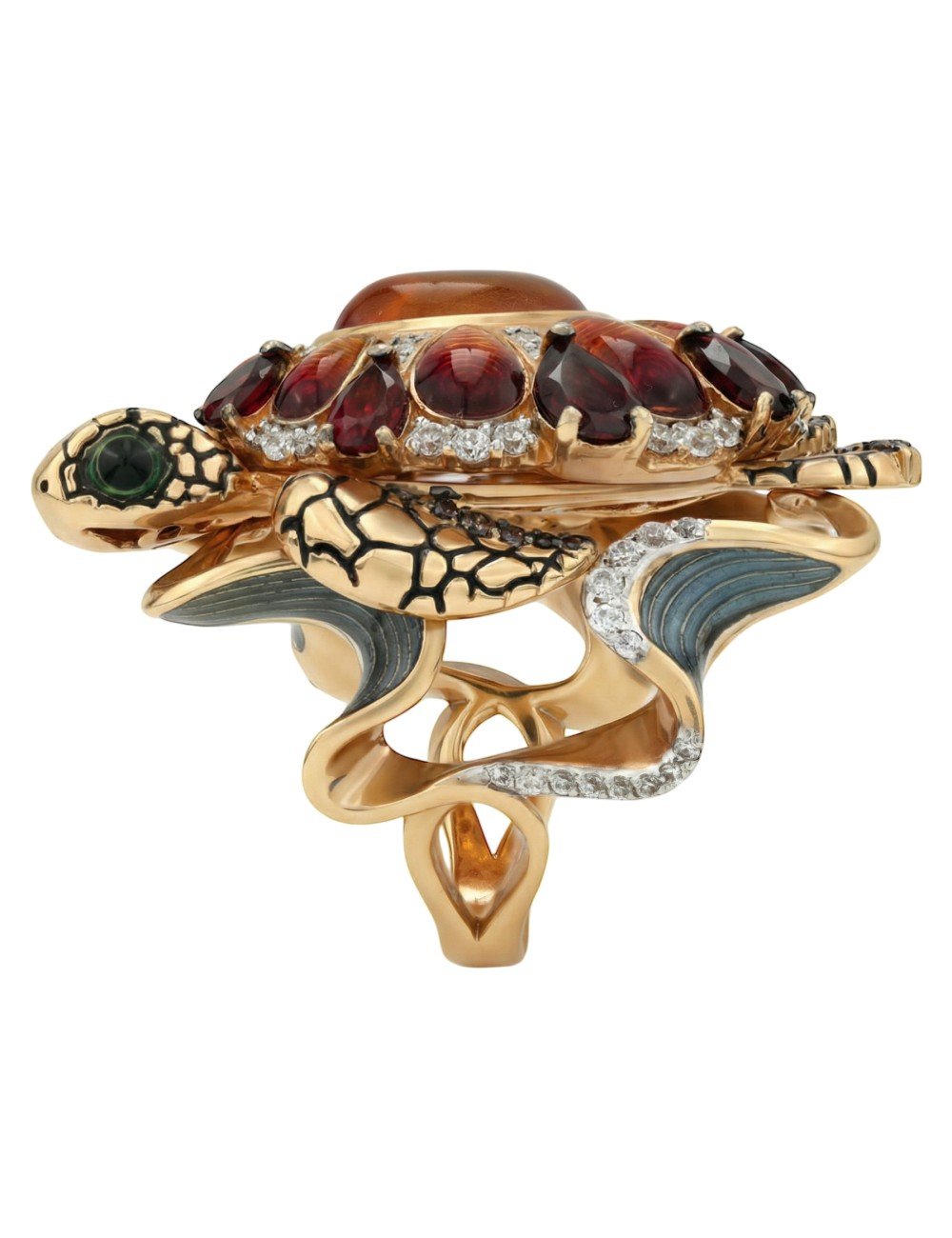 Кольцо из золота c эмалью, фианитом, гранатом и янтарём