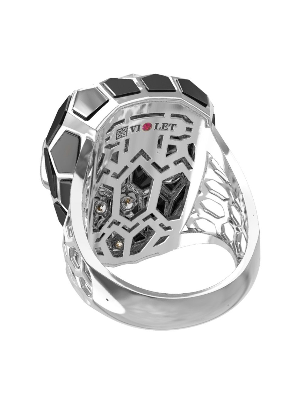 Кольцо из белого золота c бриллиантами, рубином, ониксом, малахитом и перламутром