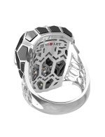 Кольцо из белого золота c бриллиантами, рубином, ониксом, малахитом и перламутром