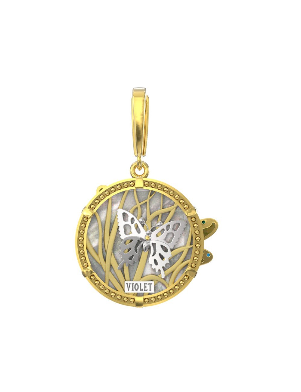 Подвеска из лимонного золота c сапфиром, изумрудом, эмалью и перламутром