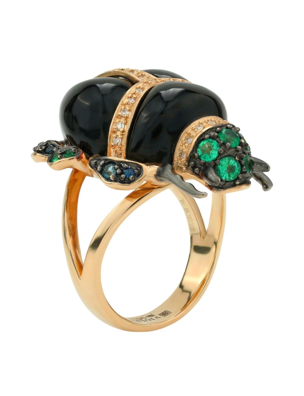 Кольцо из золота c бриллиантами, сапфиром, изумрудом и ониксом