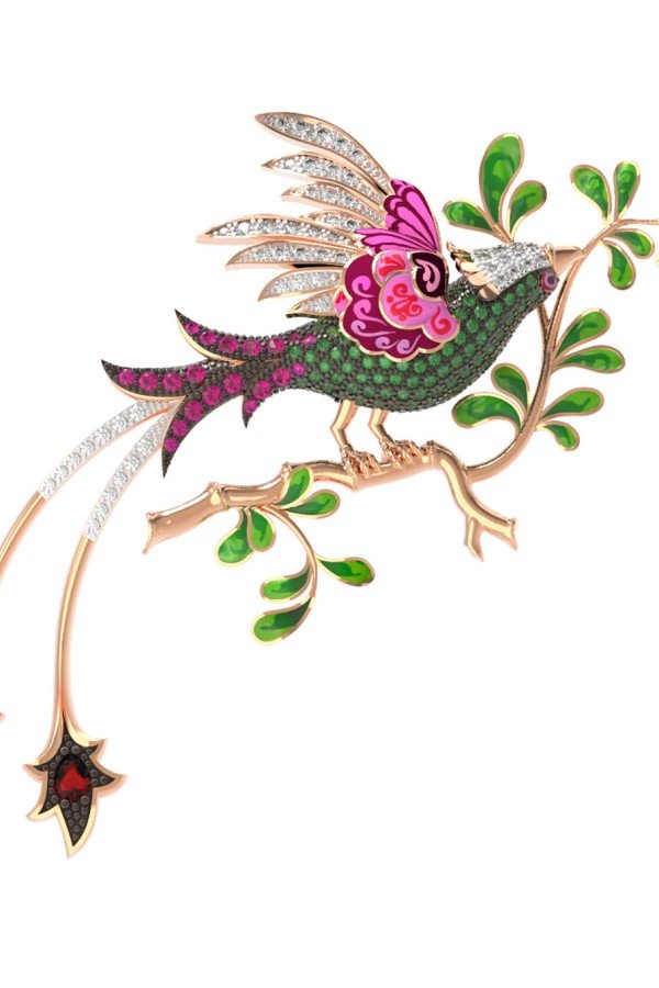 Брошь из золота c эмалью, фианитом и гранатом