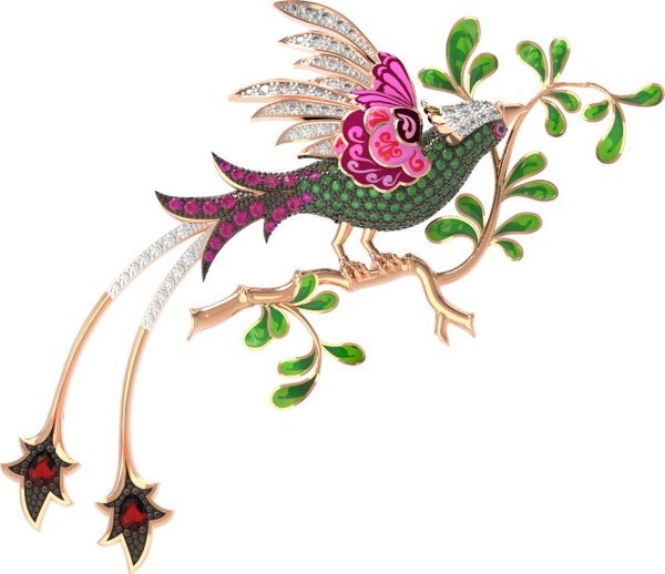 Брошь из золота c эмалью, фианитом и гранатом