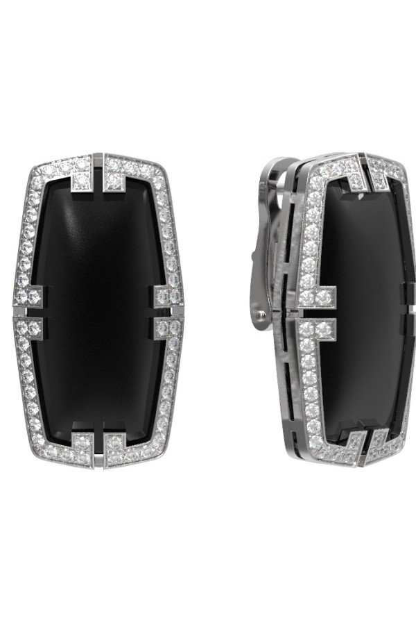 Серьги из белого золота c бриллиантами, рубином и ониксом