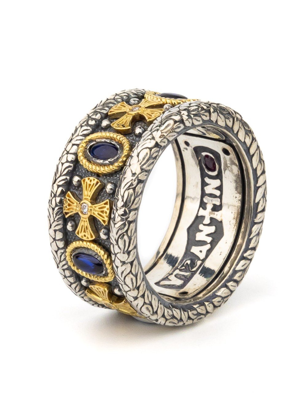 Кольцо из серебра и золота c бриллиантами, сапфиром и рубином