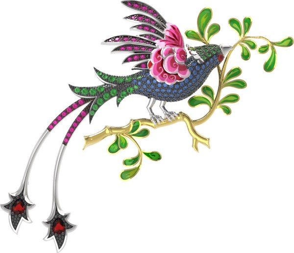 Брошь из белого золота c эмалью, фианитом и гранатом