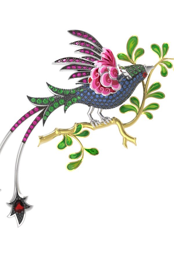 Брошь из белого золота c эмалью, фианитом и гранатом