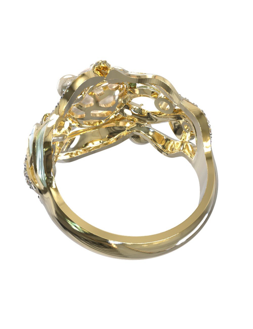 Кольцо из лимонного золота c эмалью, бриллиантами, жемчугом и перламутром