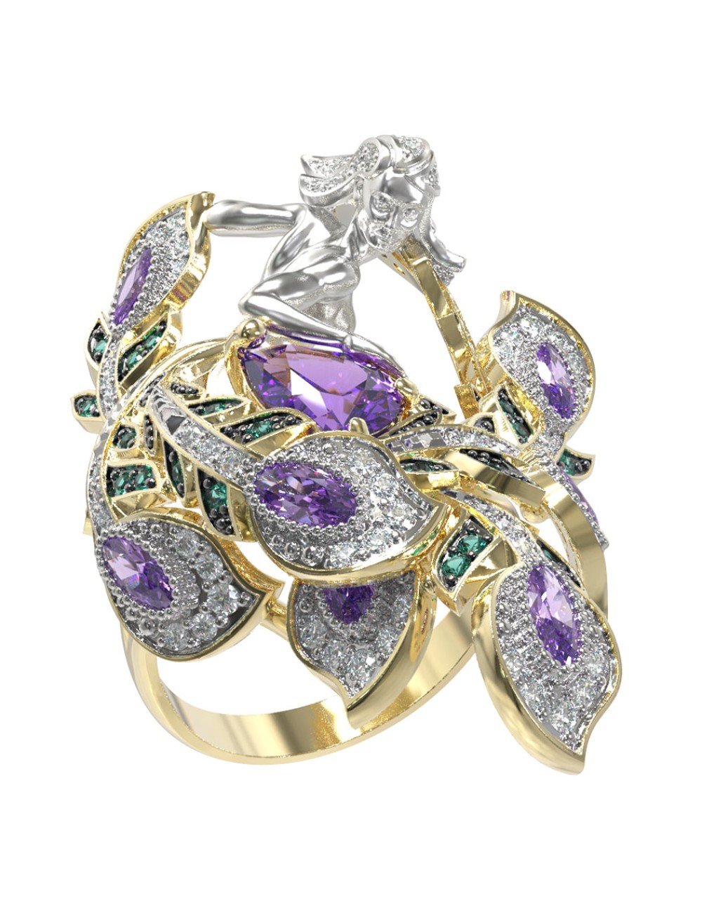 Кольцо из лимонного золота c фианитом и аметистом