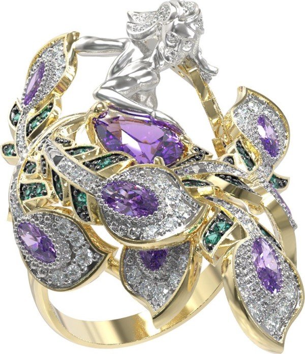 Кольцо из лимонного золота c фианитом и аметистом