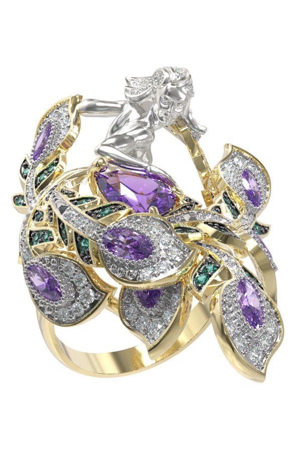 Кольцо из лимонного золота c фианитом и аметистом