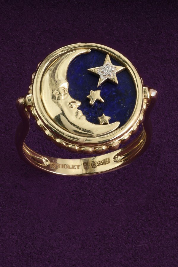 Кольцо из лимонного золота c бриллиантами, лазуритом и перламутром