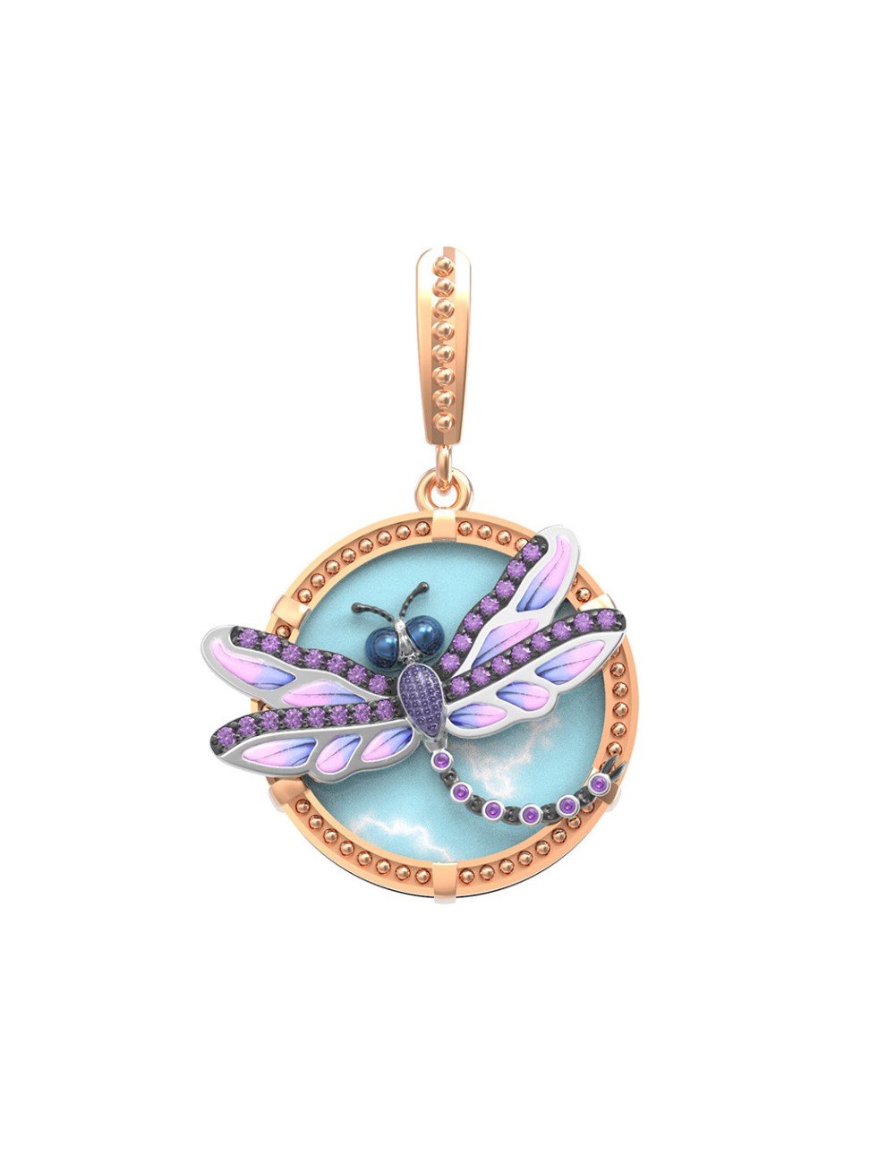 Подвеска из золота c бирюзой, аметистом и эмалью