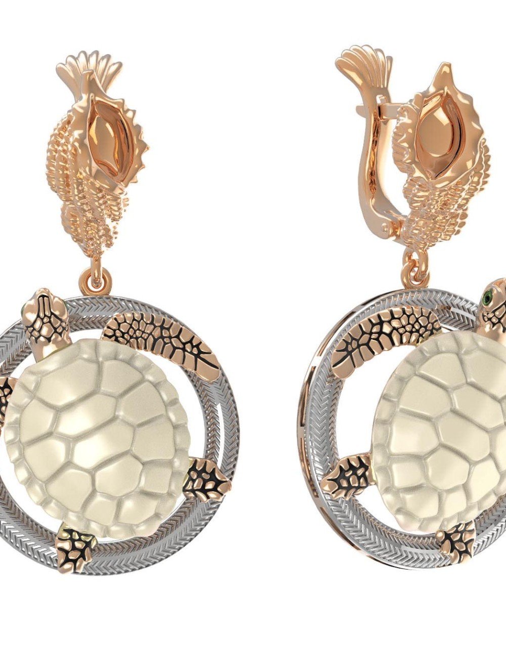 Серьги из золота c эмалью и бивнем мамонта