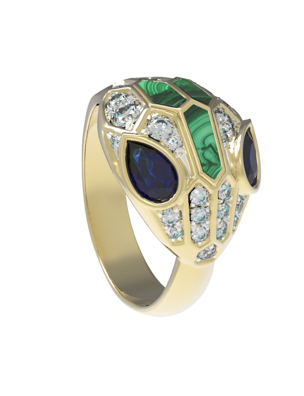 Кольцо из лимонного золота c бриллиантами, сапфиром и малахитом