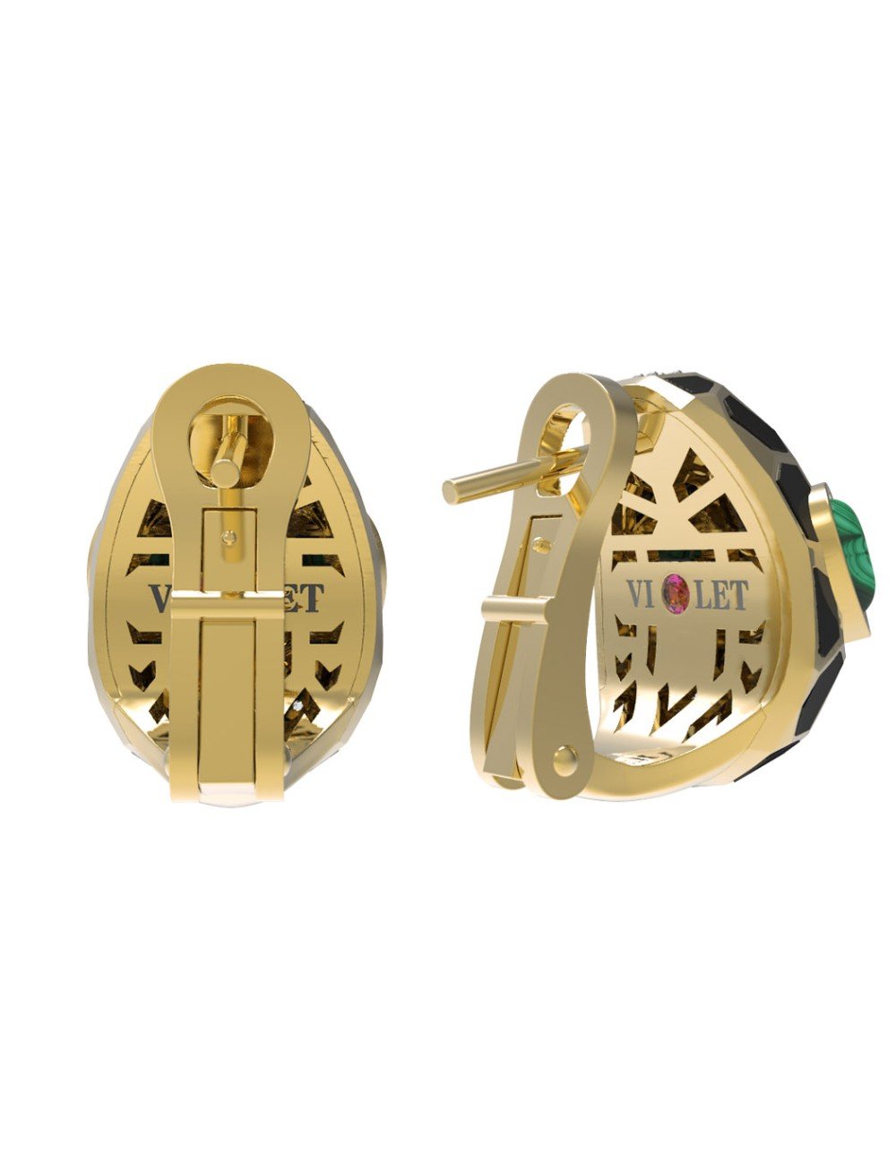 Серьги из лимонного золота c бриллиантами, рубином, ониксом, малахитом и перламутром