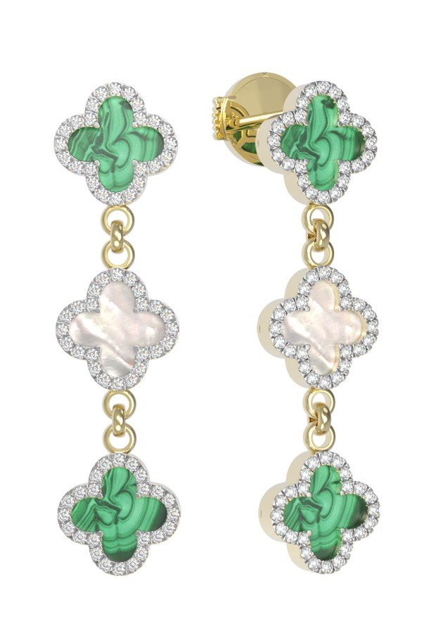 Серьги из лимонного золота c бриллиантами, малахитом и перламутром