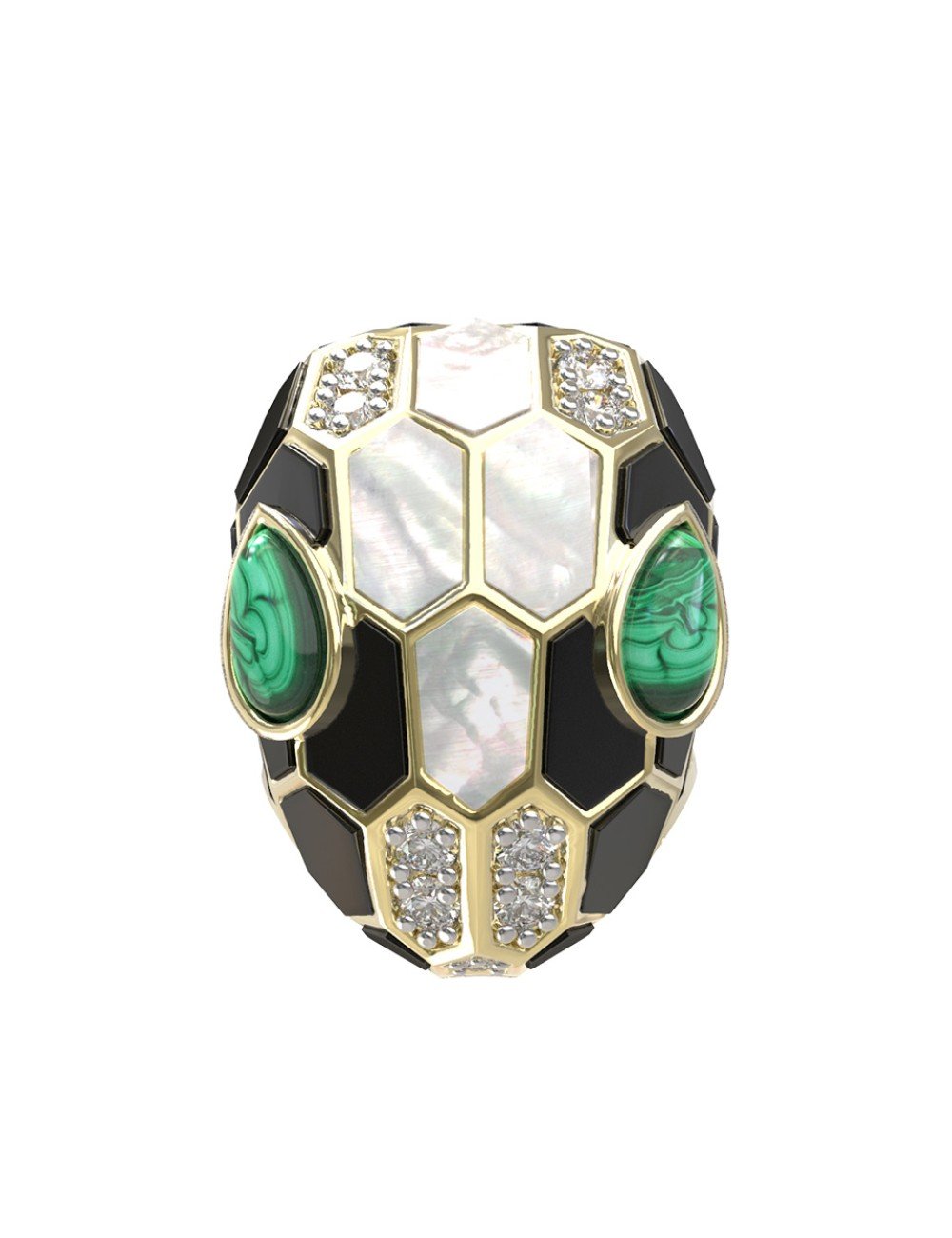 Кольцо из лимонного золота c бриллиантами, рубином, ониксом, малахитом и перламутром