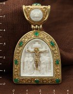 Образок из лимонного золота c эмалью, хризопразом и бивнем мамонта