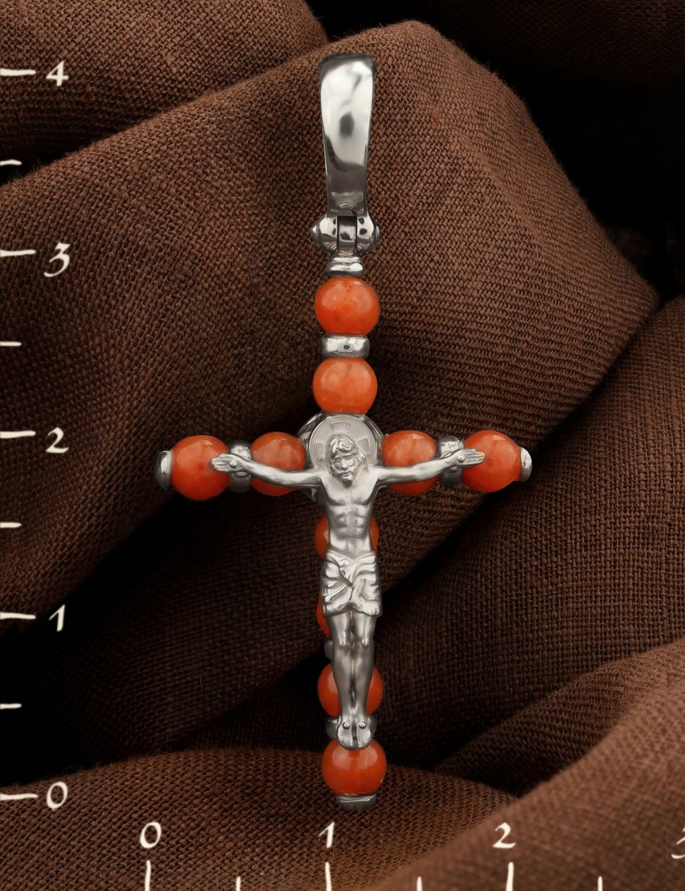 Крест из белого золота c кораллом