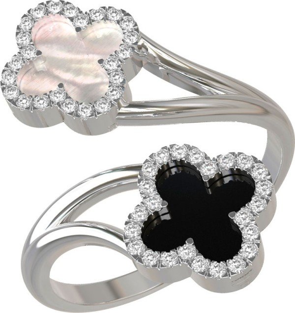 Кольцо из белого золота c бриллиантами, ониксом и перламутром