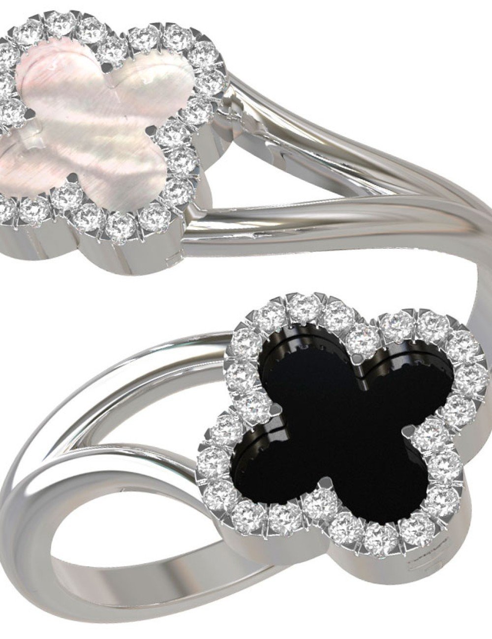 Кольцо из белого золота c бриллиантами, ониксом и перламутром