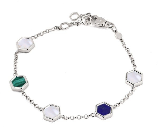 Браслет из белого золота c лазуритом, малахитом и перламутром