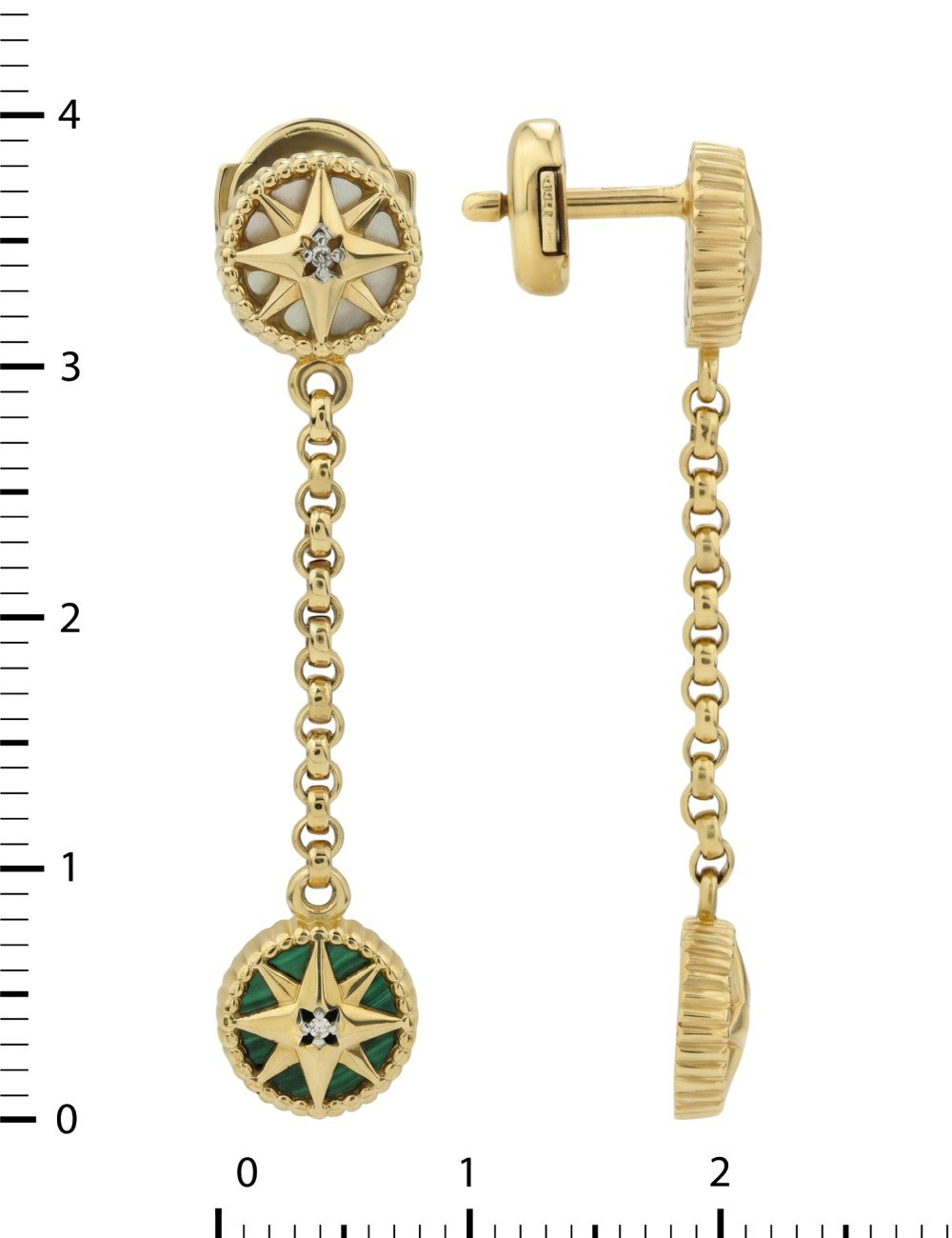 Серьги из лимонного золота c бриллиантами, малахитом и перламутром