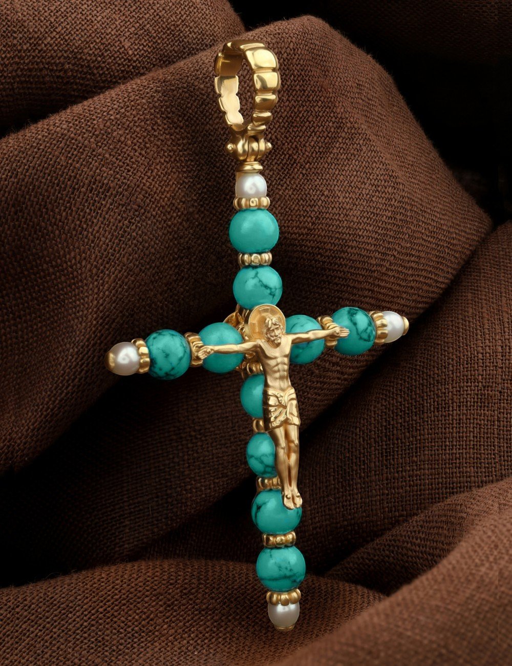 Крест из лимонного золота c жемчугом и бирюзой