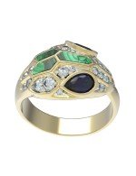 Кольцо из лимонного золота c бриллиантами, сапфиром и малахитом